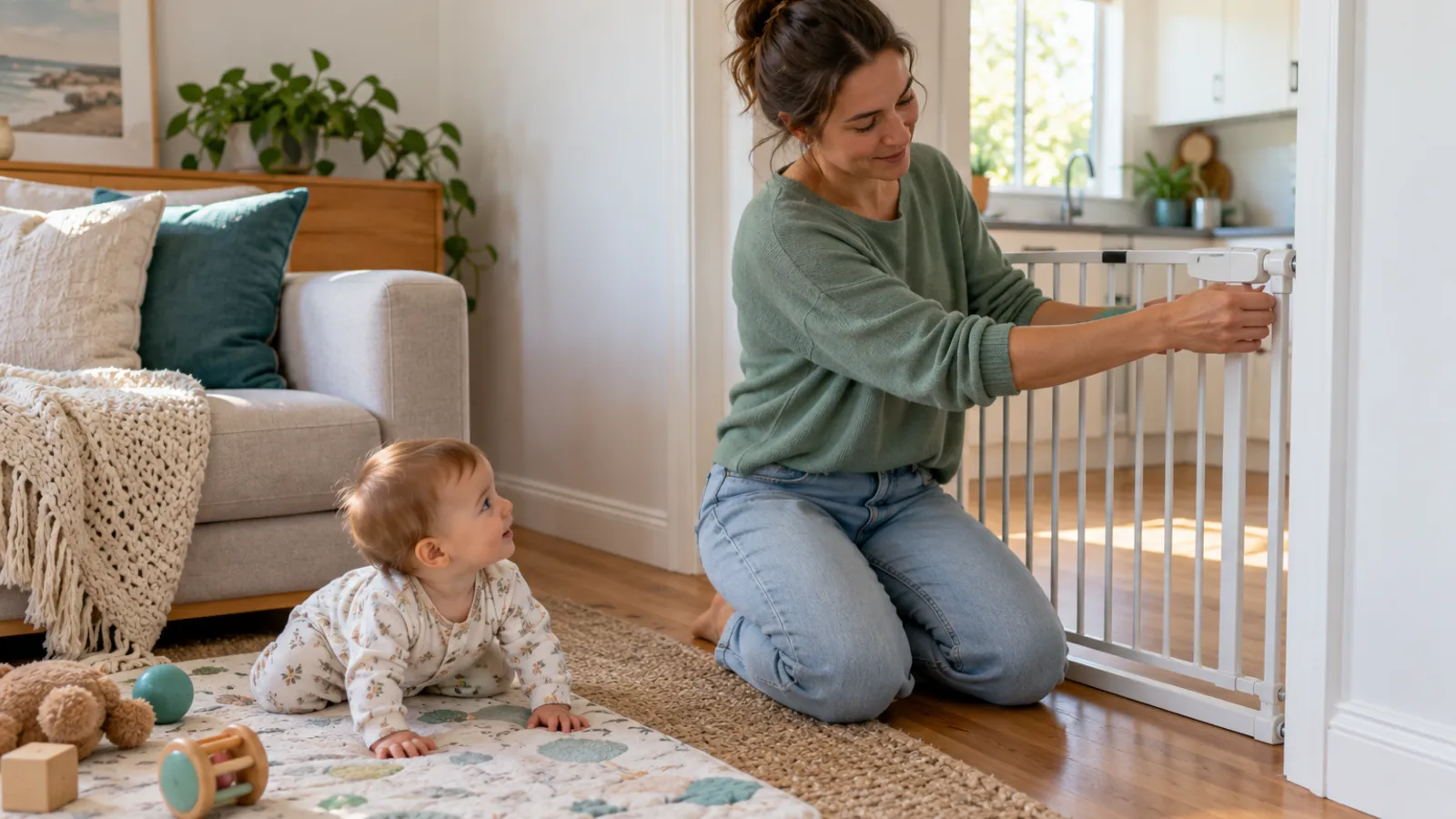 A mother kneels in a sunny lounge room fitting a white safety gate in the kitchen doorway while her crawling baby smiles up at her from a play mat