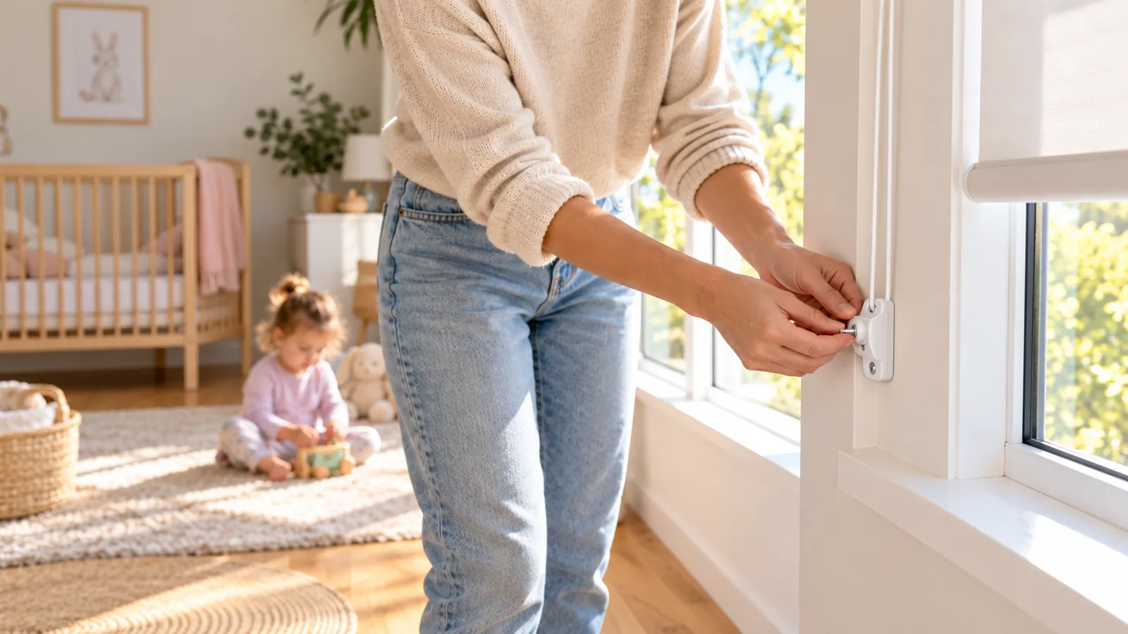 A parent fixes a blind cord tensioner to the window frame while a toddler plays on the floor near a cot across the room