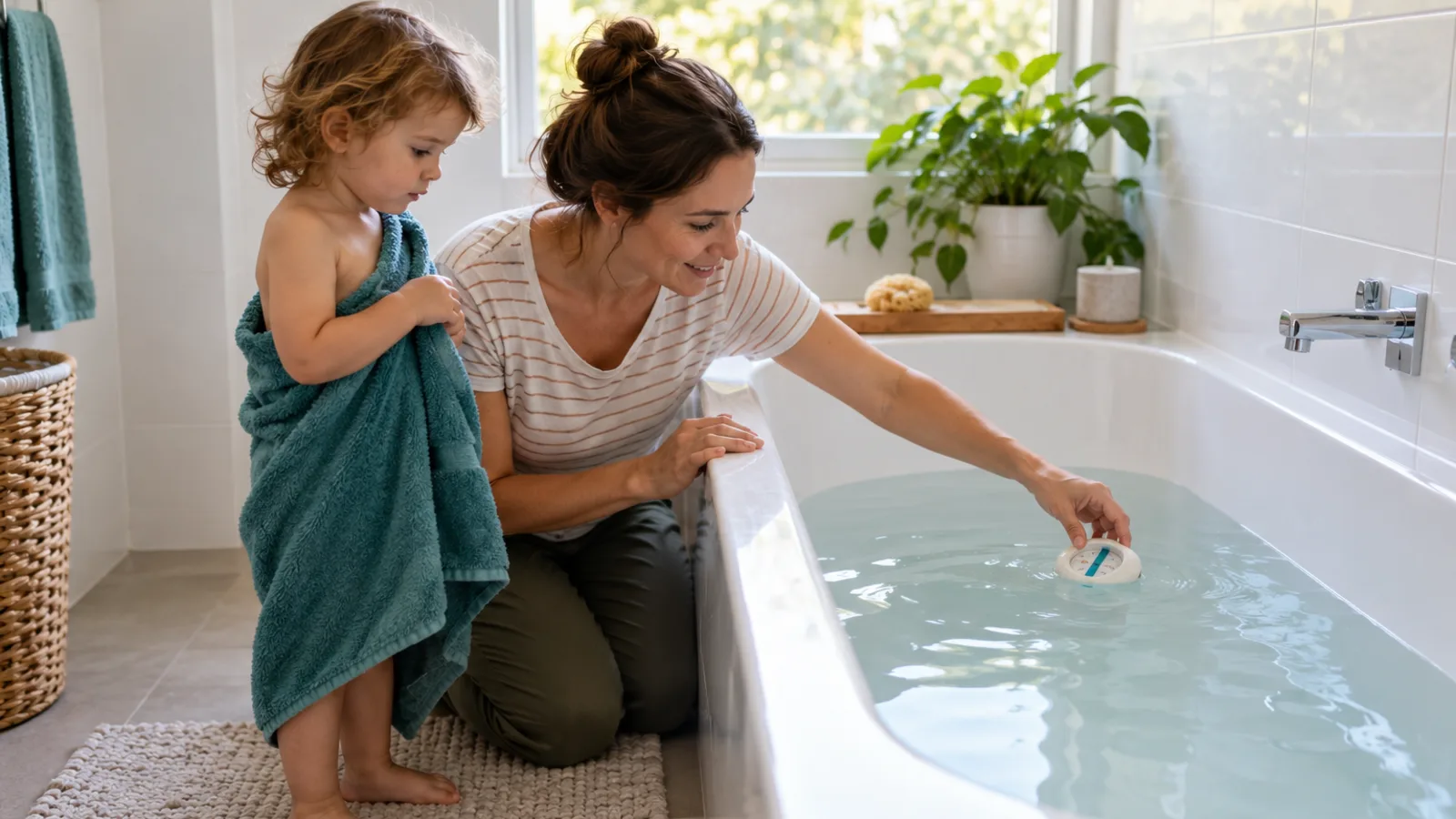 A mother kneels beside a half-filled bath and checks the water with a floating bath thermometer while her toddler, wrapped in a teal towel, watches from the bath mat