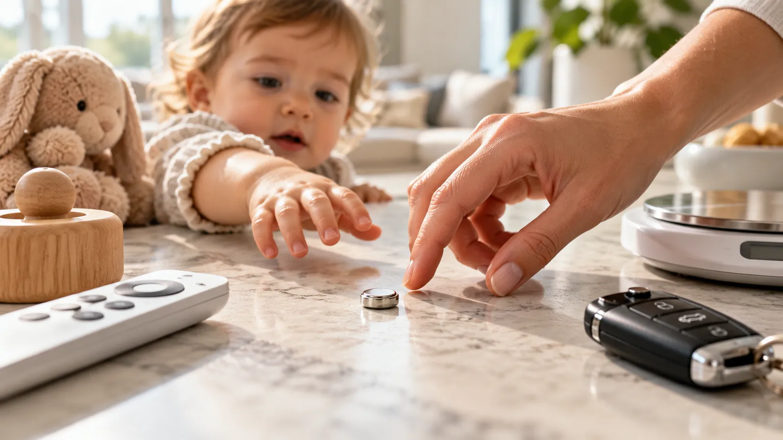 A parent's hand reaches for a button battery on a kitchen bench before a toddler can grab it, beside a remote and a car key