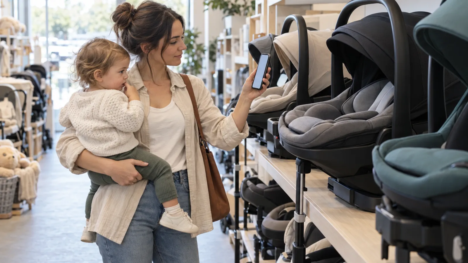 A mother with her toddler on her hip holds up her phone beside a row of baby capsules in a bright baby store