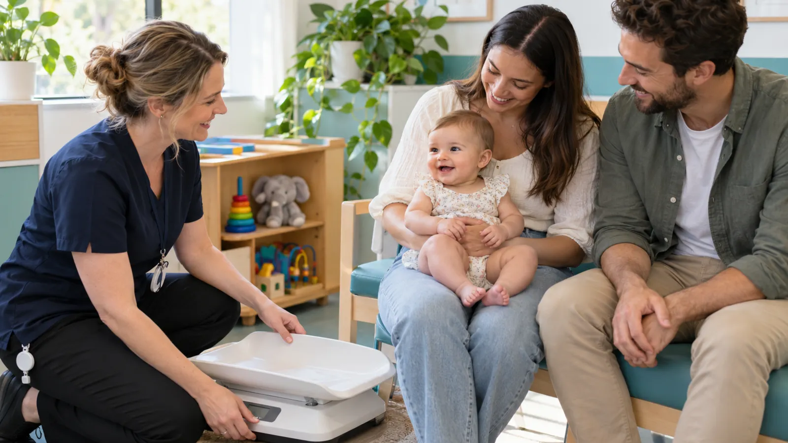 A child health nurse kneels beside a baby scale, smiling at a mother and father with their happy baby on the mother's lap in a bright clinic room