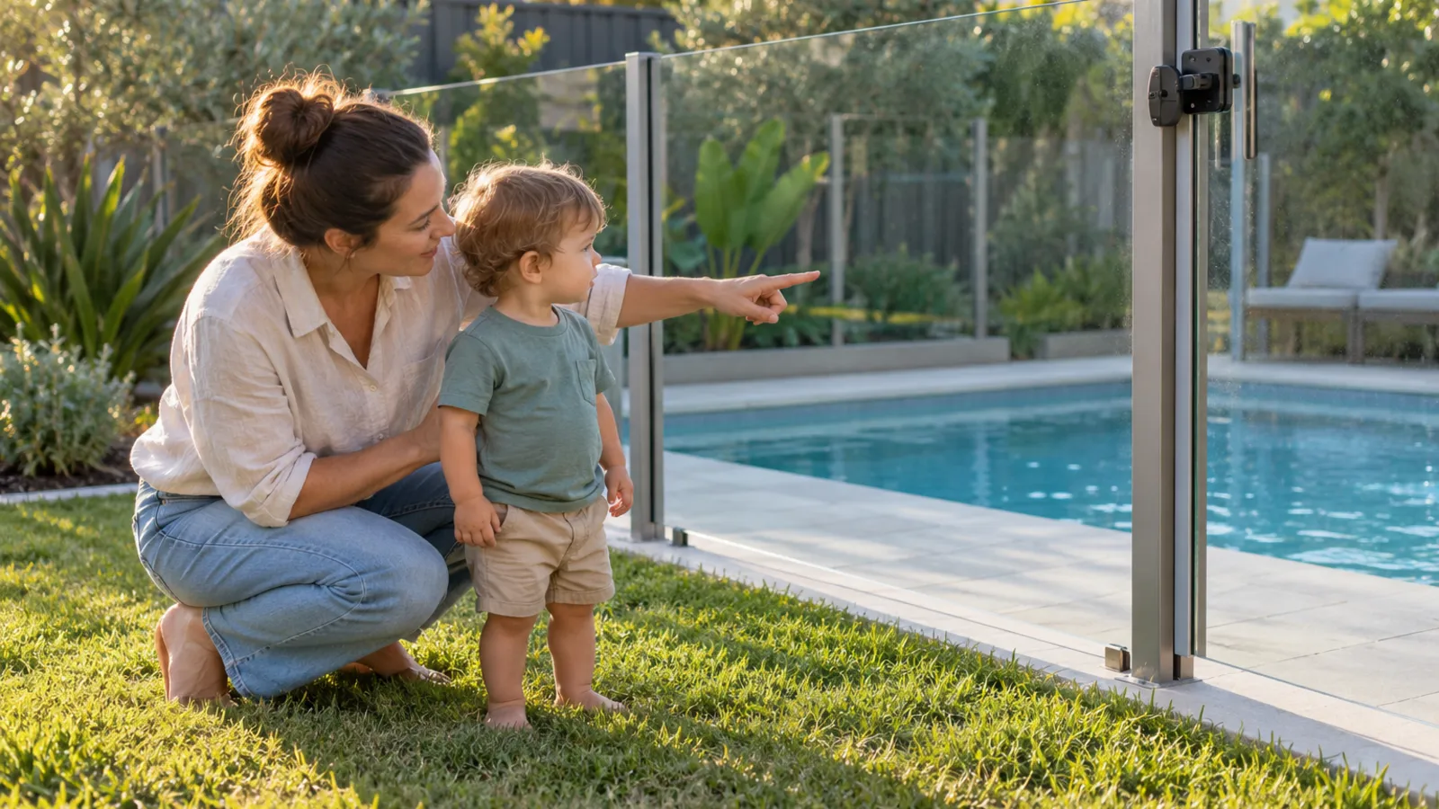A parent kneels beside a toddler on a backyard lawn and points through a glass pool fence with a self-closing gate latch