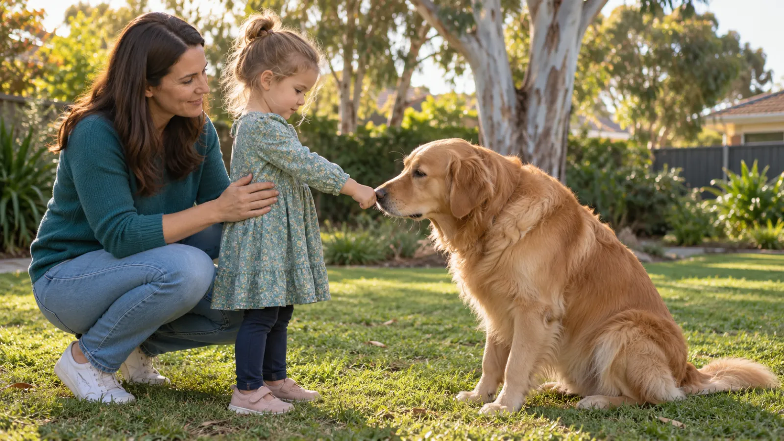 In a Perth backyard under a gum tree, a mother crouches with a hand on her small daughter's back as the girl holds out a closed fist for the calm golden family dog to sniff