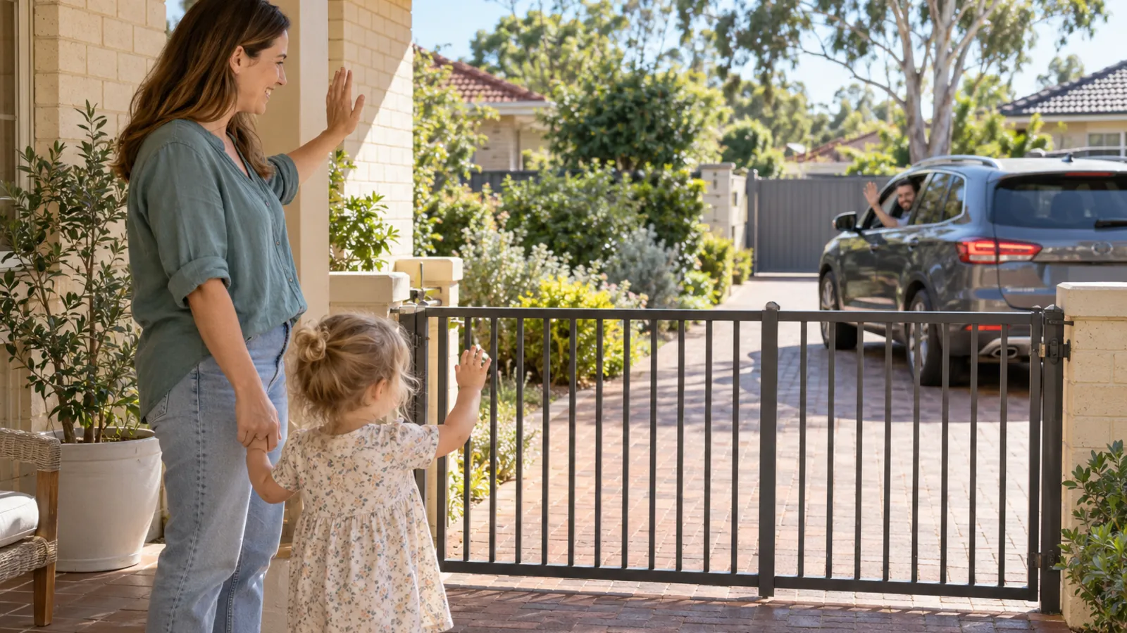 A mother on the front verandah holds her toddler's hand behind a closed gate, both waving, as the father reverses the family car out of the brick-paved driveway
