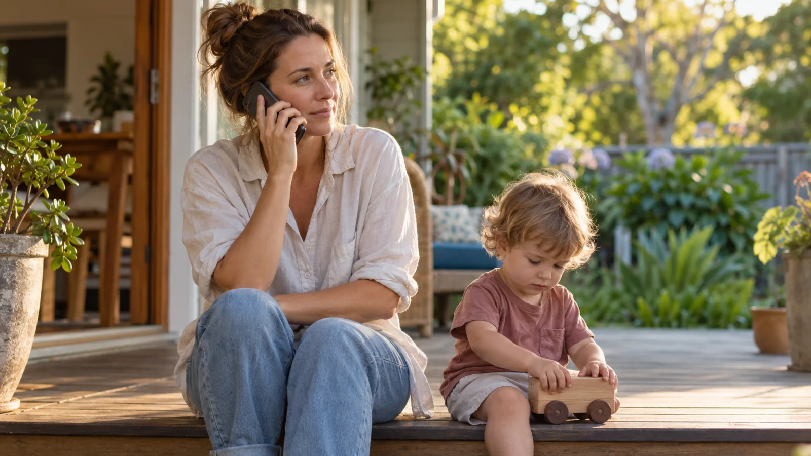 A mother sits on a verandah step talking calmly on her phone while her toddler plays beside her