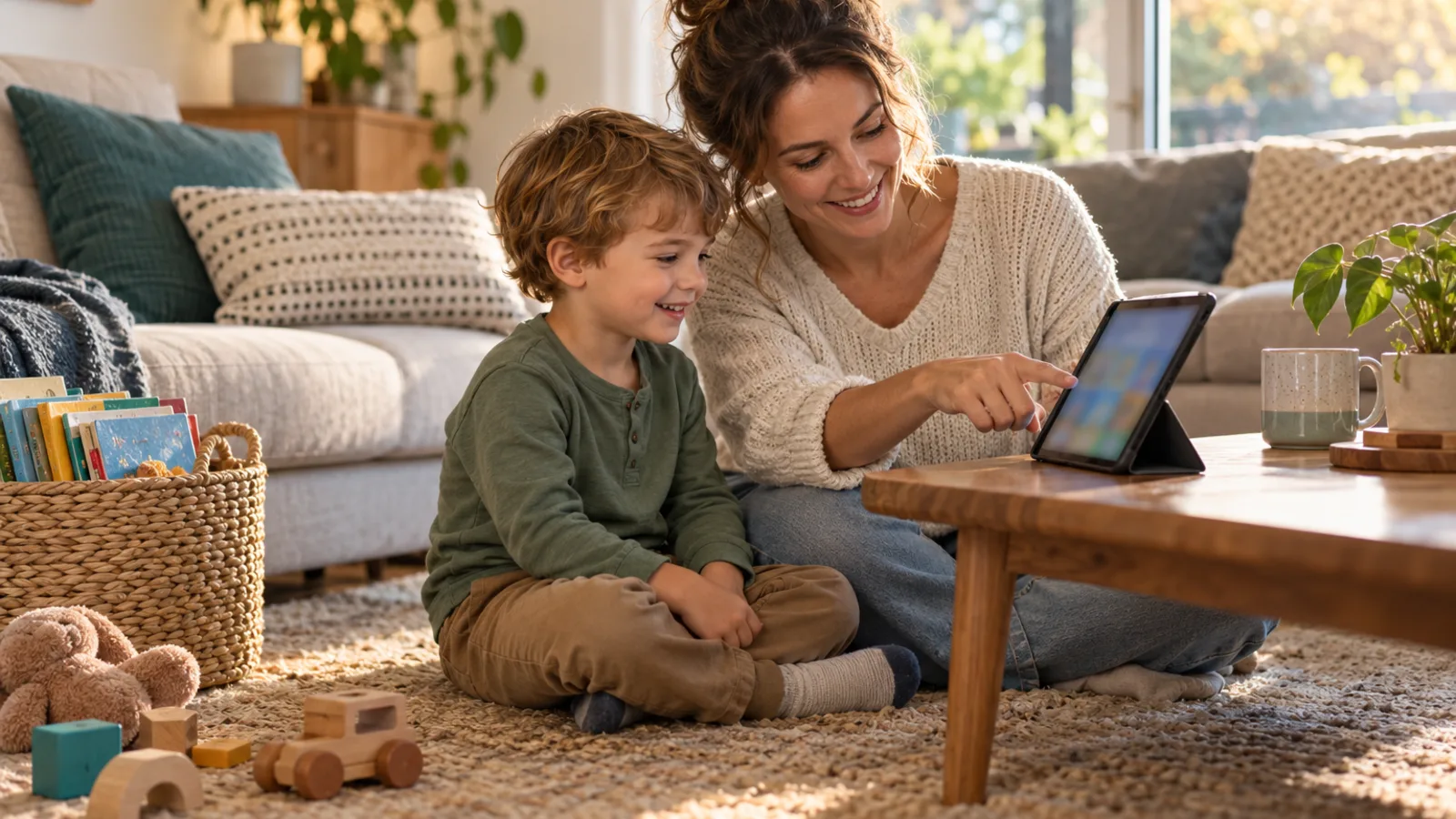 A mother sits on the lounge room rug beside her four-year-old son, pointing at a tablet propped on a low wooden table while he smiles, a basket of picture books and wooden toys beside them