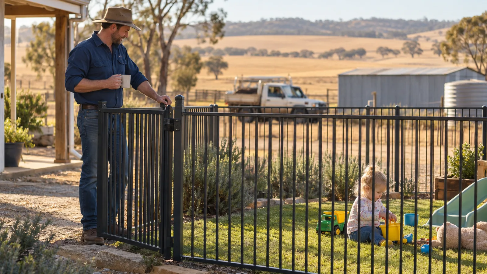 A father in a work shirt and hat watches through a closed pool-style gate as his toddler plays with toys on the grass inside a small fenced play yard beside a WA farmhouse, a ute, shed and golden paddocks behind