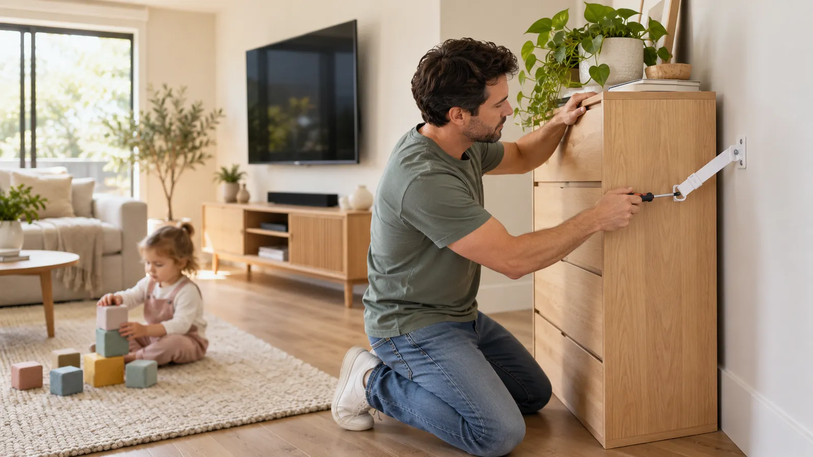 A parent fixes a wall strap to a chest of drawers while a toddler stacks blocks on the rug nearby
