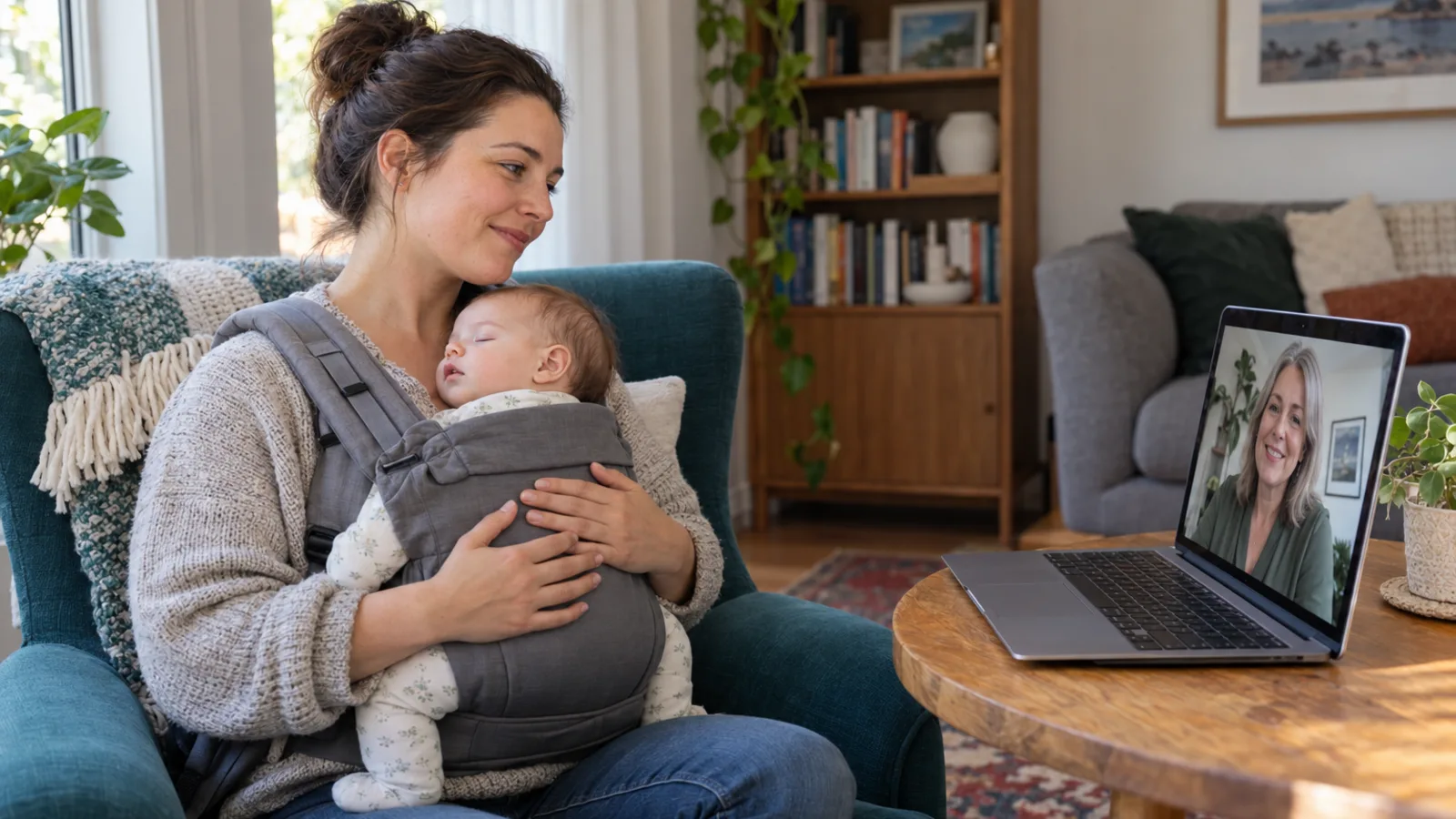 A young mother sits in a teal armchair smiling down at her baby asleep in a carrier on her chest, a counsellor on a video call on the laptop beside her