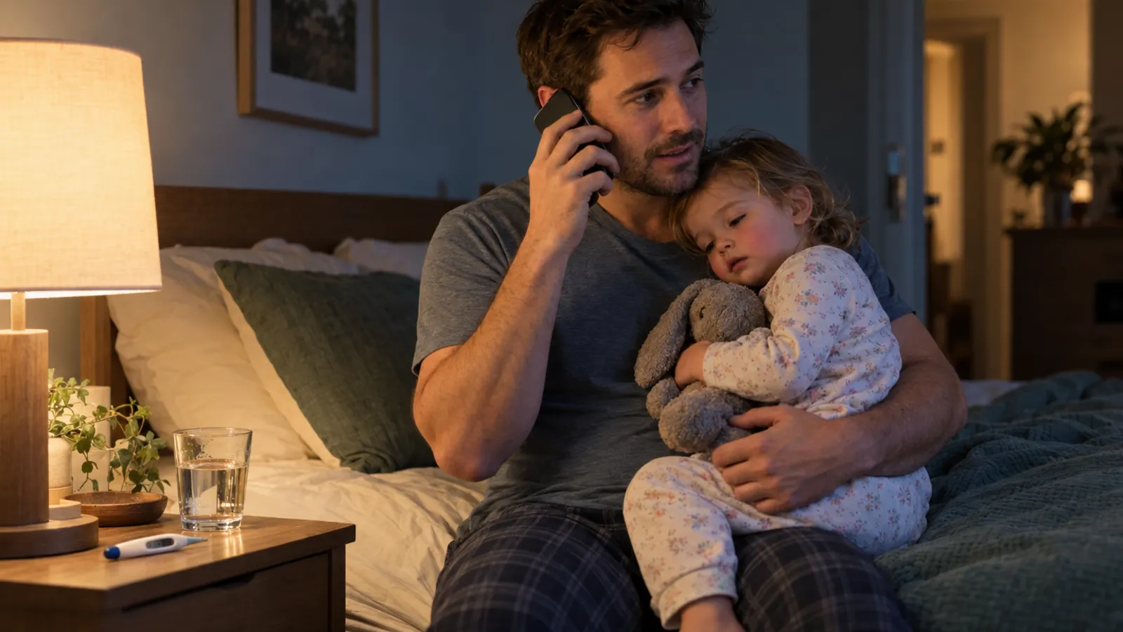 A father sits on the edge of the bed in warm lamplight talking on the phone, his sleepy toddler in floral pyjamas resting on his chest with a toy rabbit, a thermometer and a glass of water on the bedside table