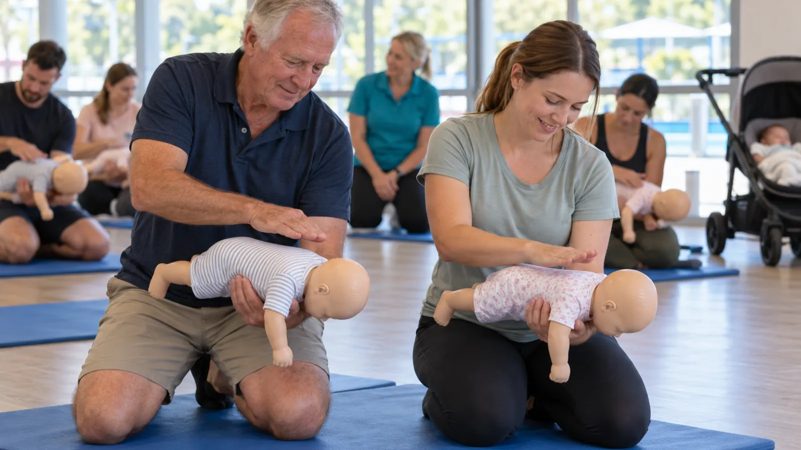 A grandfather and a young mother kneel on mats in a bright community room, each holding an infant training manikin face-down along their arm to practise back blows
