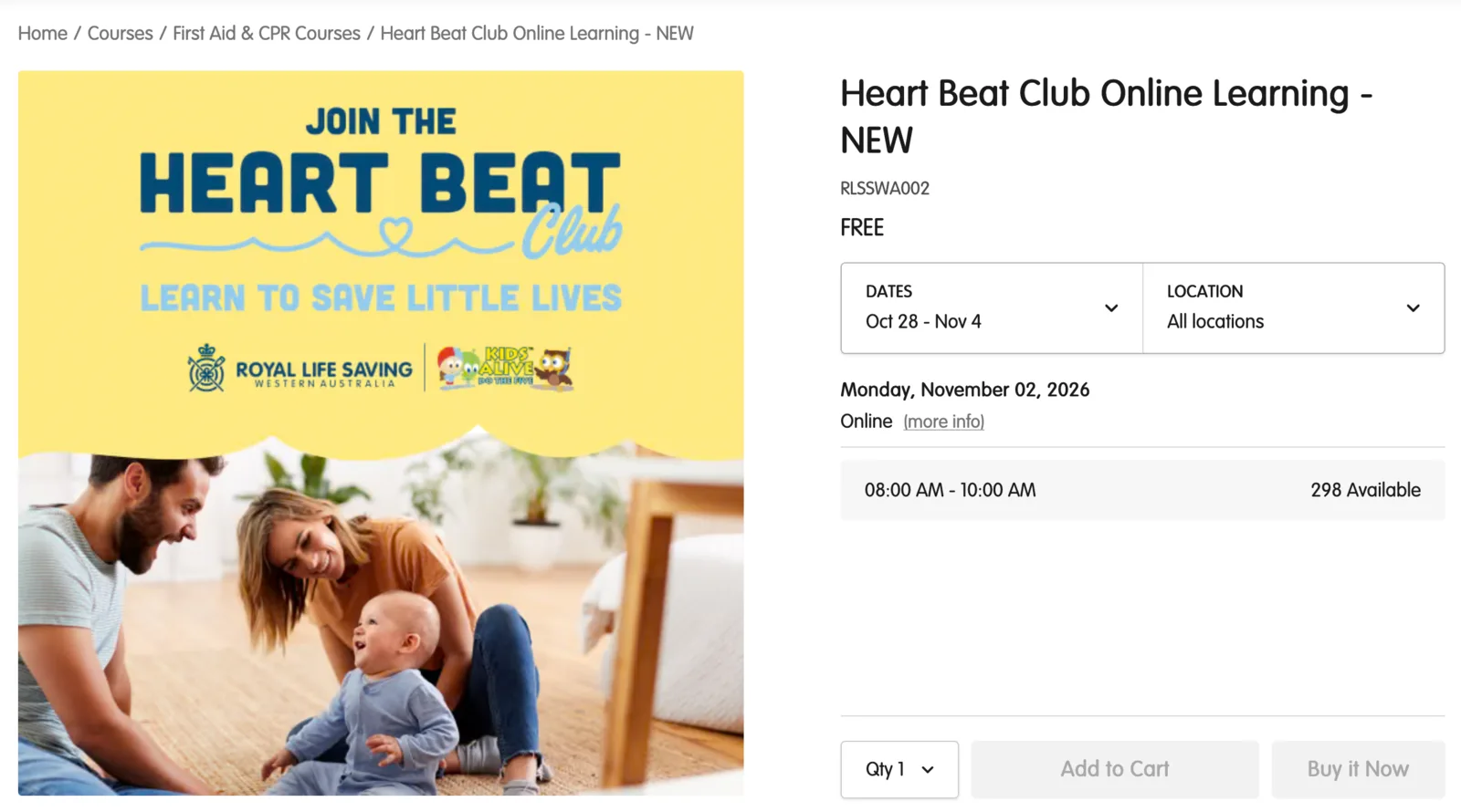 Royal Life Saving WA's Heart Beat Club Online Learning page, listed as free, with a parent couple playing with their baby on the floor