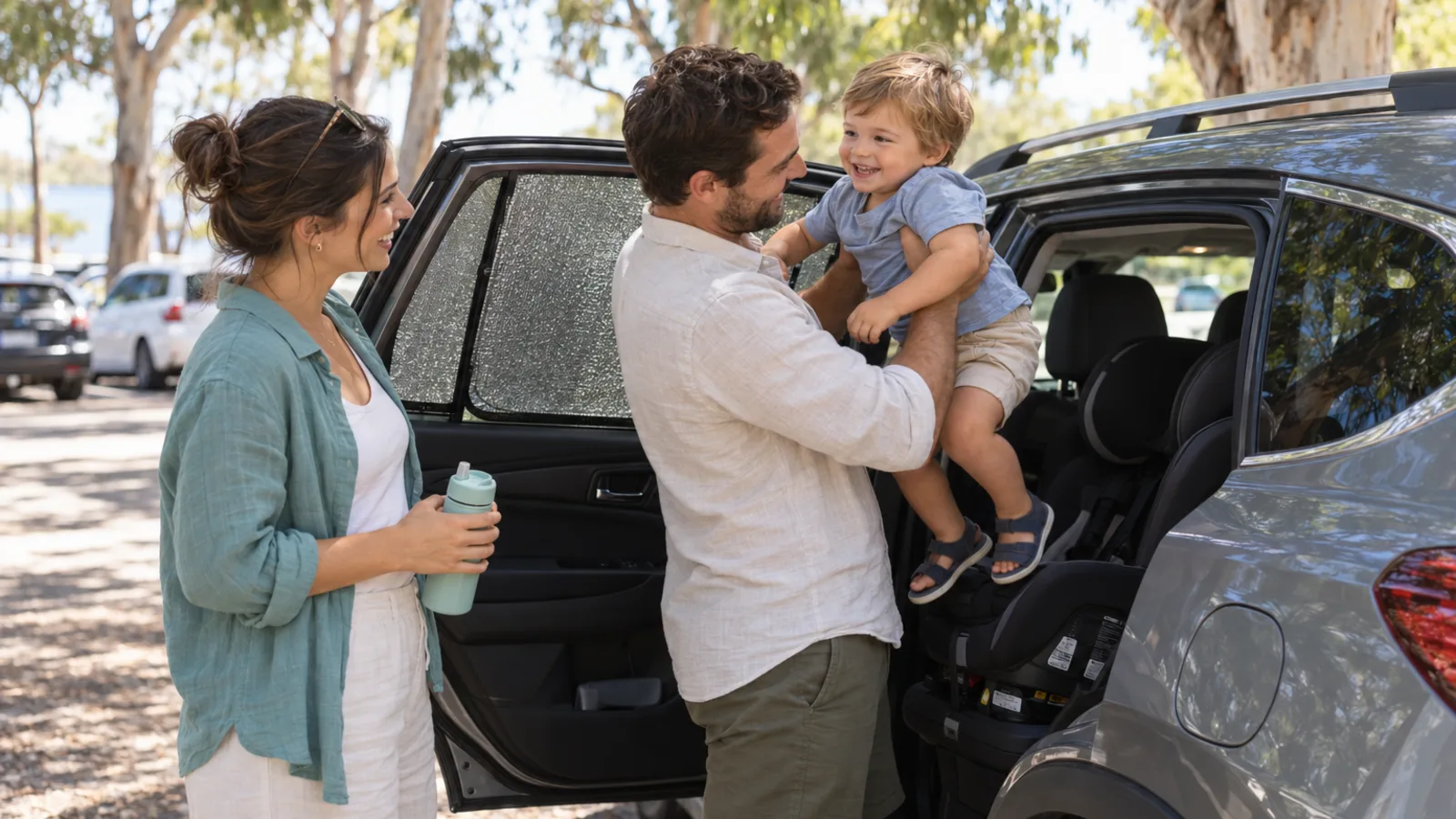 In a shaded Perth car park under gum trees, a father lifts his smiling toddler out of his car seat, a sunshade on the back window, while the mother stands beside them holding his water bottle