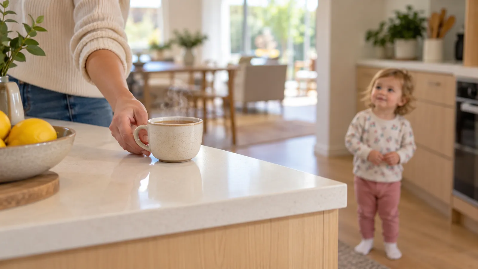 A parent moves a mug of tea back from the bench edge while a toddler watches from the kitchen
