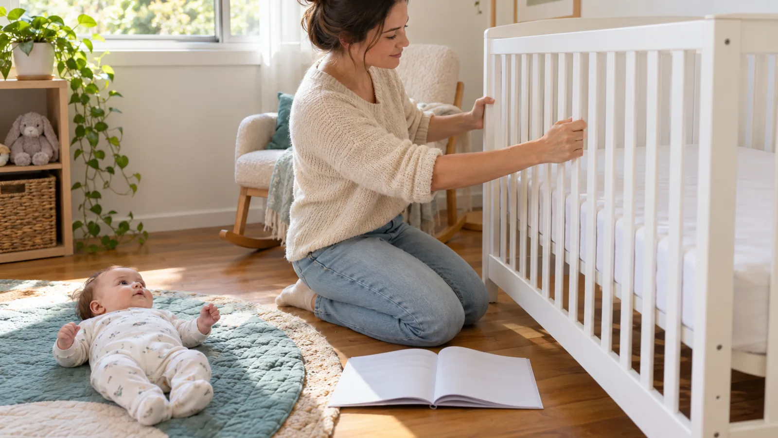 A mother kneels in a sunny nursery and shakes the side rail of a new white cot to check it is firm, a booklet open on the floor, while her baby lies on their back on a play mat nearby