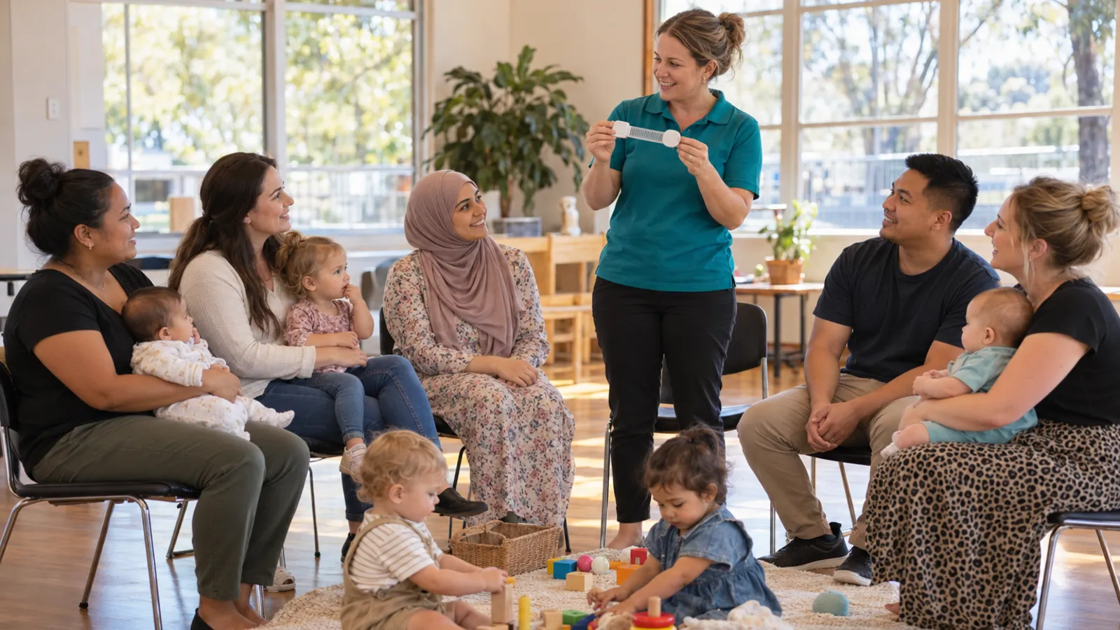 A Kidsafe presenter holds up a cupboard lock for a small circle of parents with babies and toddlers in a bright community room