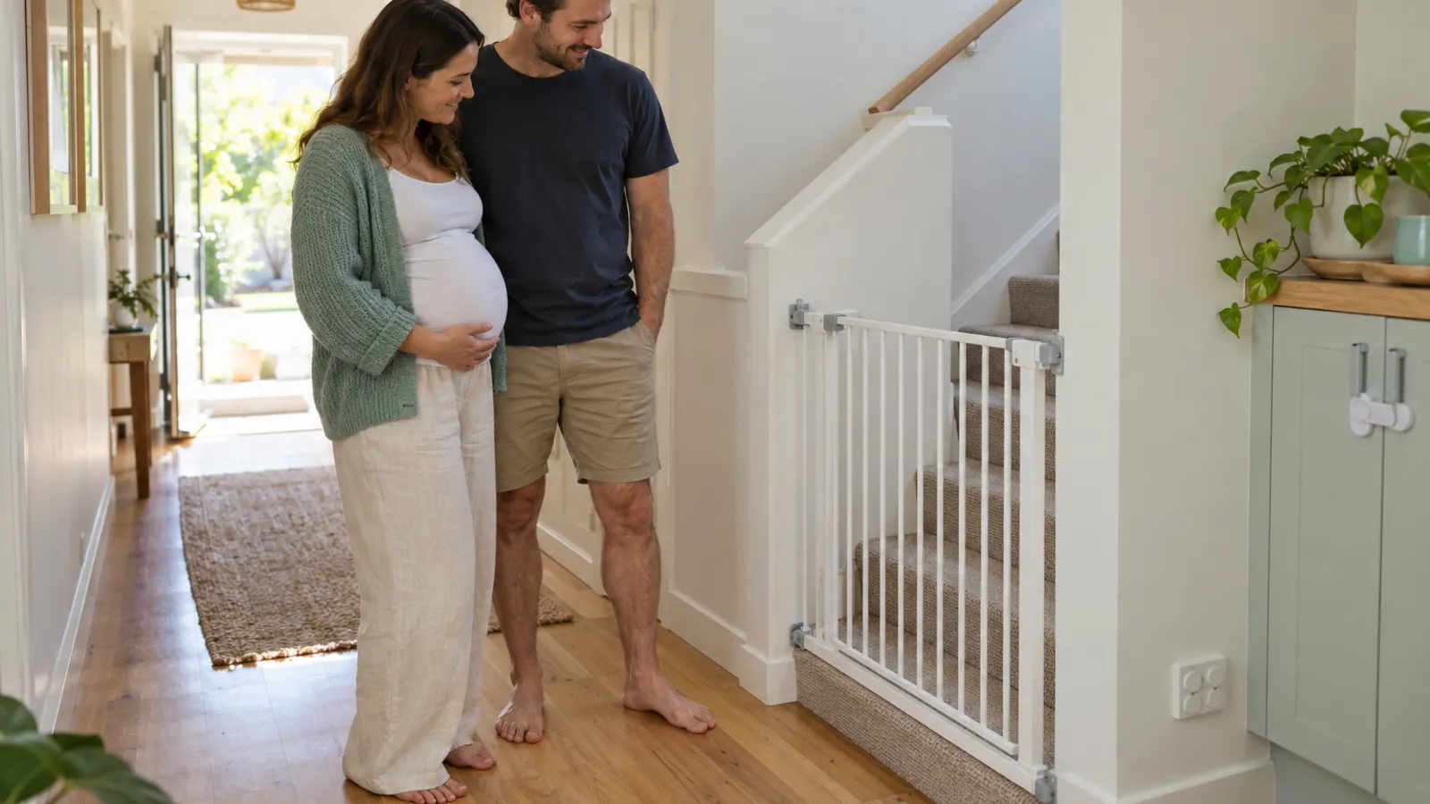 A pregnant woman and her partner stand in a bright hallway looking at a white safety gate fitted at the bottom of a short staircase
