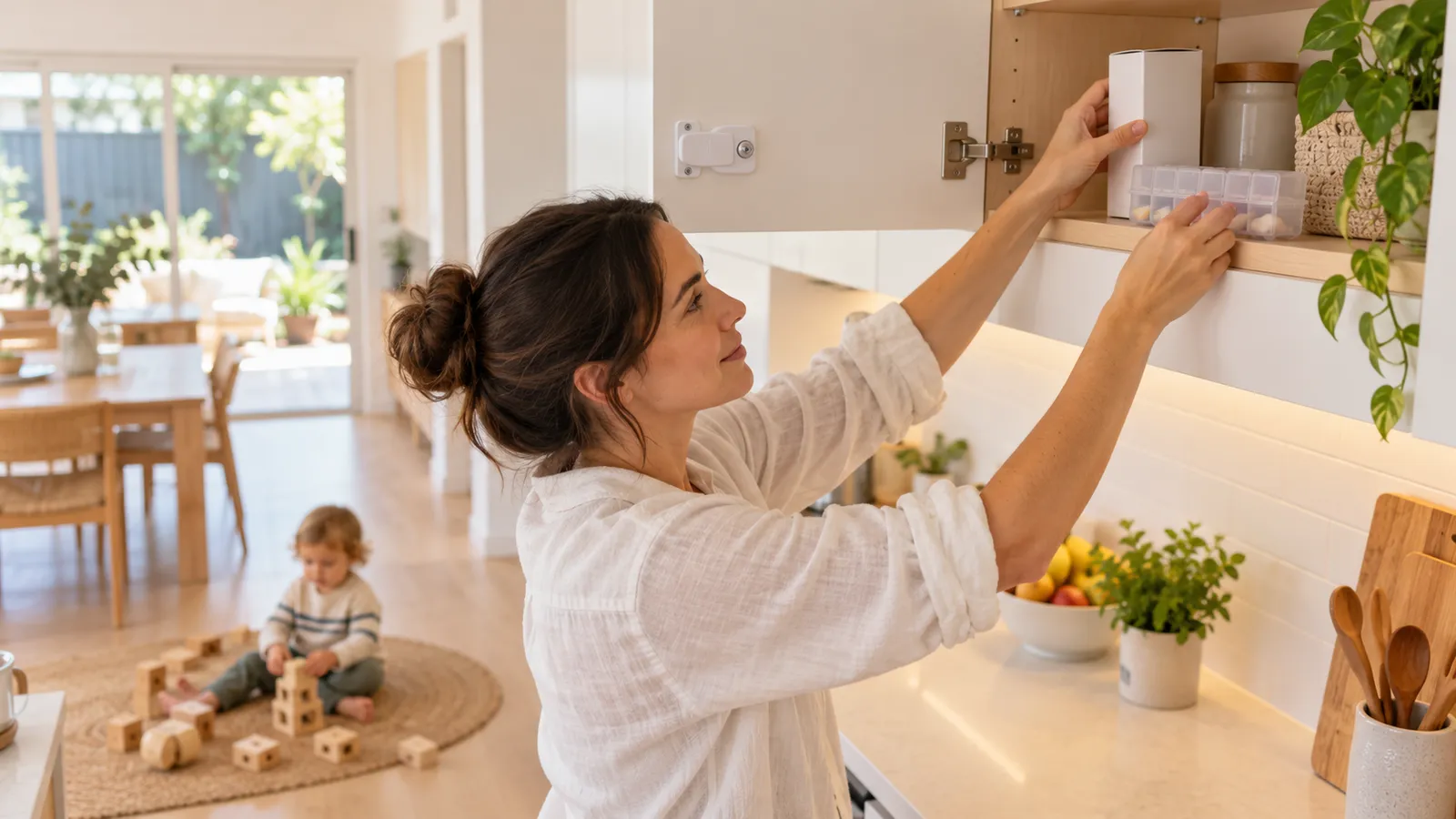 A parent puts medicines into a high, child-locked cupboard while a toddler plays with blocks below