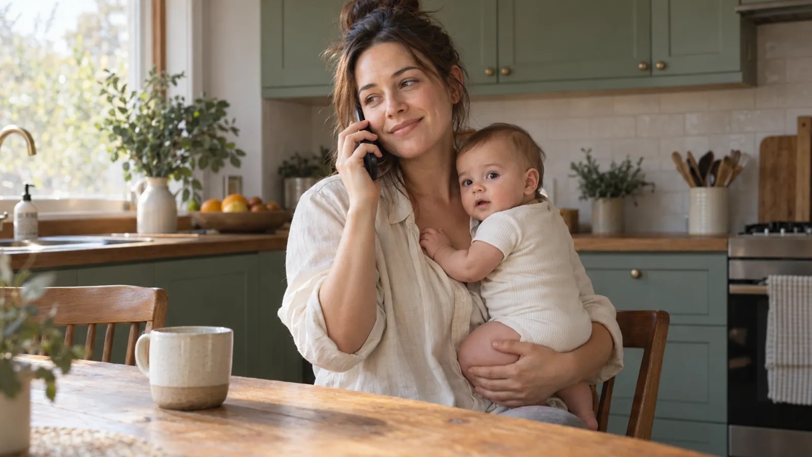 A tired mother sits at her kitchen table in soft morning light, smiling as she talks on the phone with her baby held on her lap