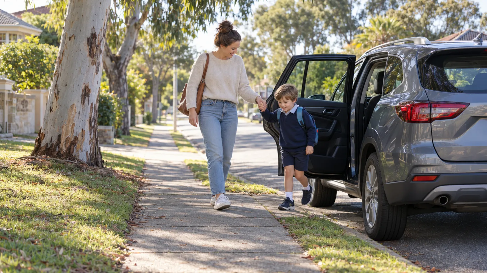 A mother holds her young son's hand as he steps out of the rear kerb-side door of a parked car onto a leafy Perth footpath