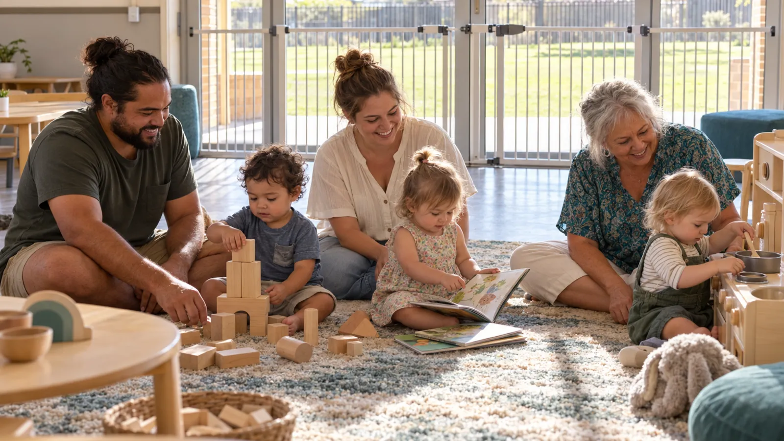 A dad, a mum and a grandmother sit on a rug in a sunny community hall while toddlers play with wooden blocks, a play kitchen and picture books