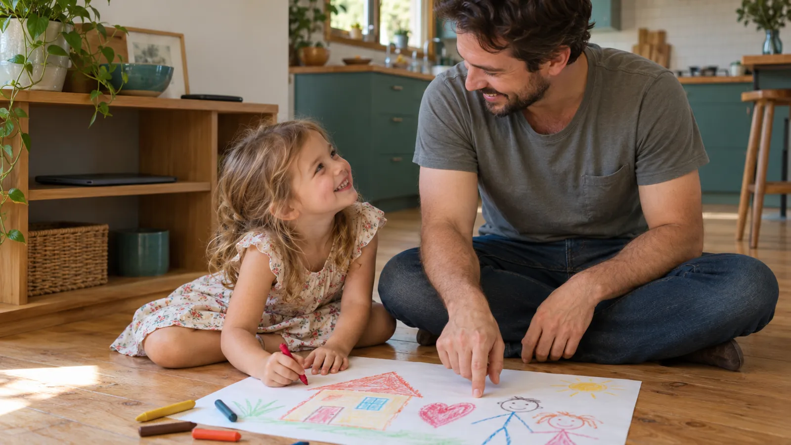A father sits on the kitchen floor with his four-year-old daughter, pointing at her crayon drawing of a house and a heart while she colours and smiles up at him