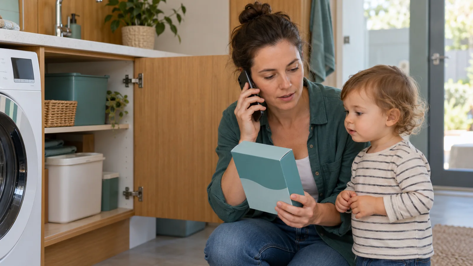 A mother crouches in the laundry on the phone, reading the side of a box from the open cupboard, while her toddler stands beside her and watches