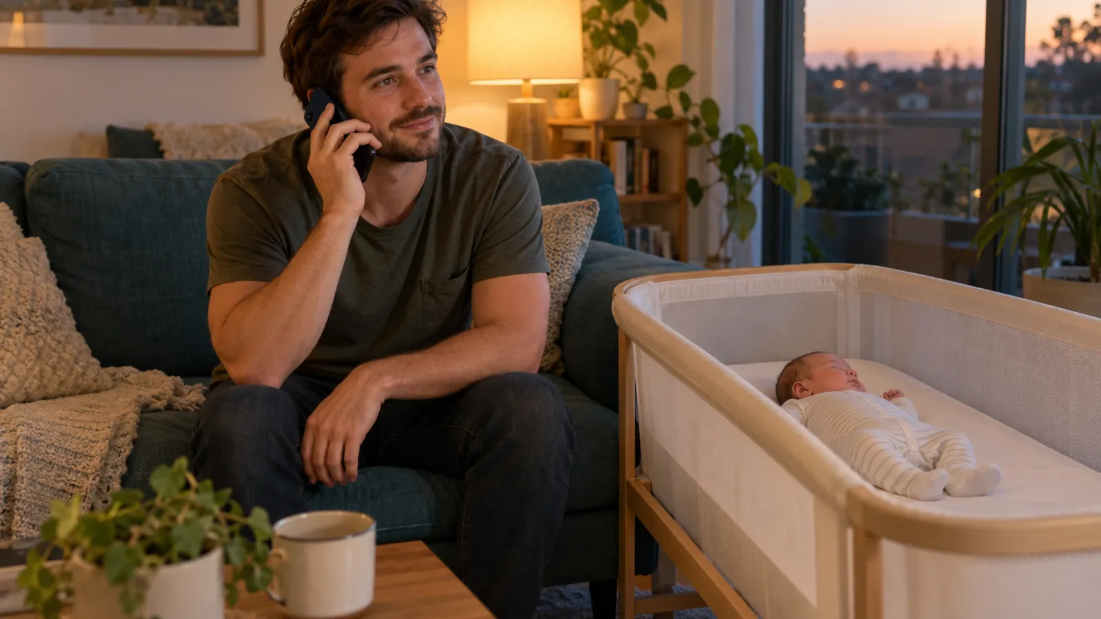A young father sits on a couch in warm lamplight, talking on the phone, his newborn asleep on its back in a bare bassinet beside him