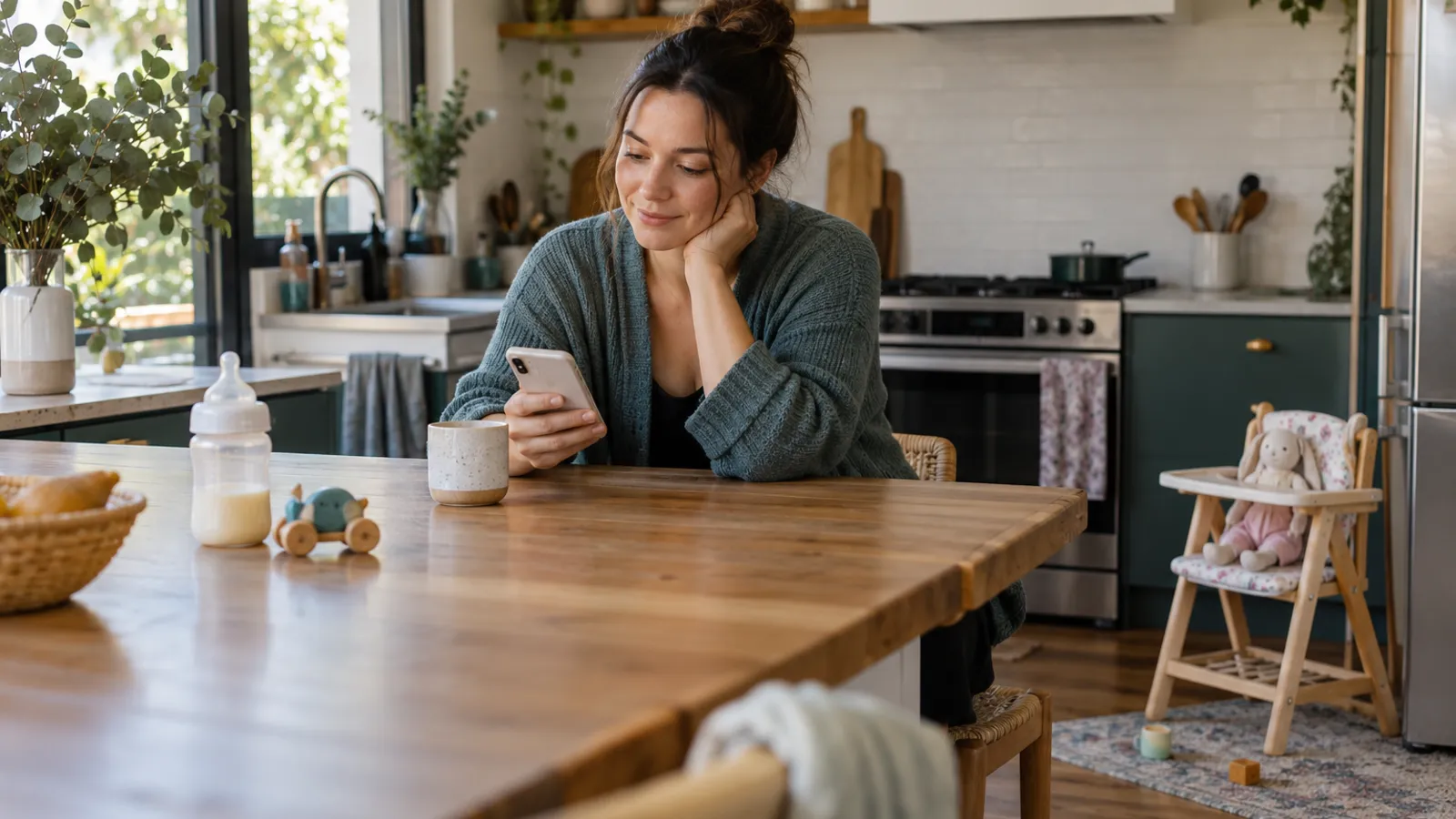 A mother sits at a kitchen bench reading her phone, with a baby bottle and a wooden toy on the bench and a toddler's toy high chair behind her