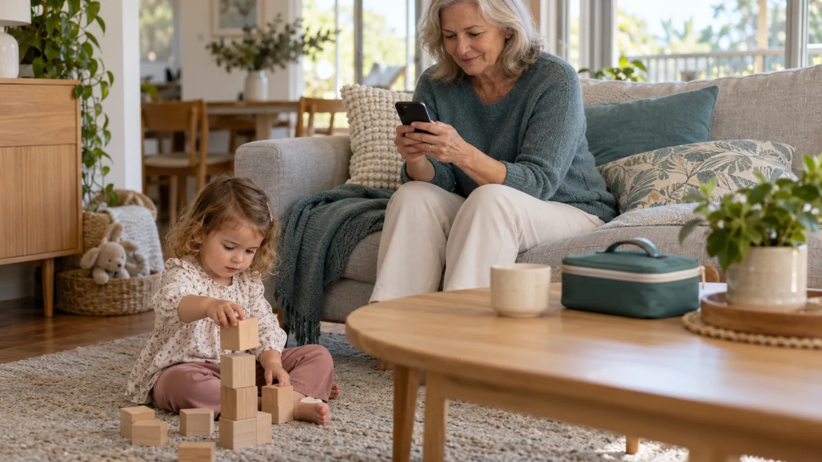 A grandmother sits on a lounge room couch reading her phone while a toddler stacks wooden blocks on the rug beside her, a small first aid kit on the coffee table
