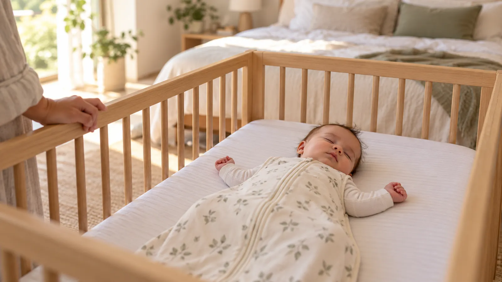 A baby sleeps on their back in a sleeping bag in a bare cot beside the parents' bed, a parent's hand resting on the rail