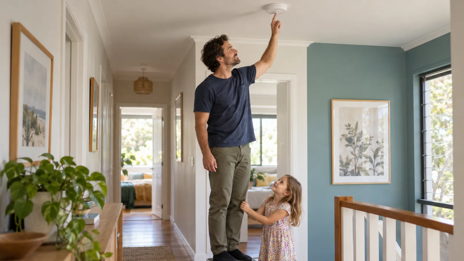 A father stands on a step stool in a bright hallway pressing the test button on a ceiling smoke alarm while his young daughter holds his leg and watches