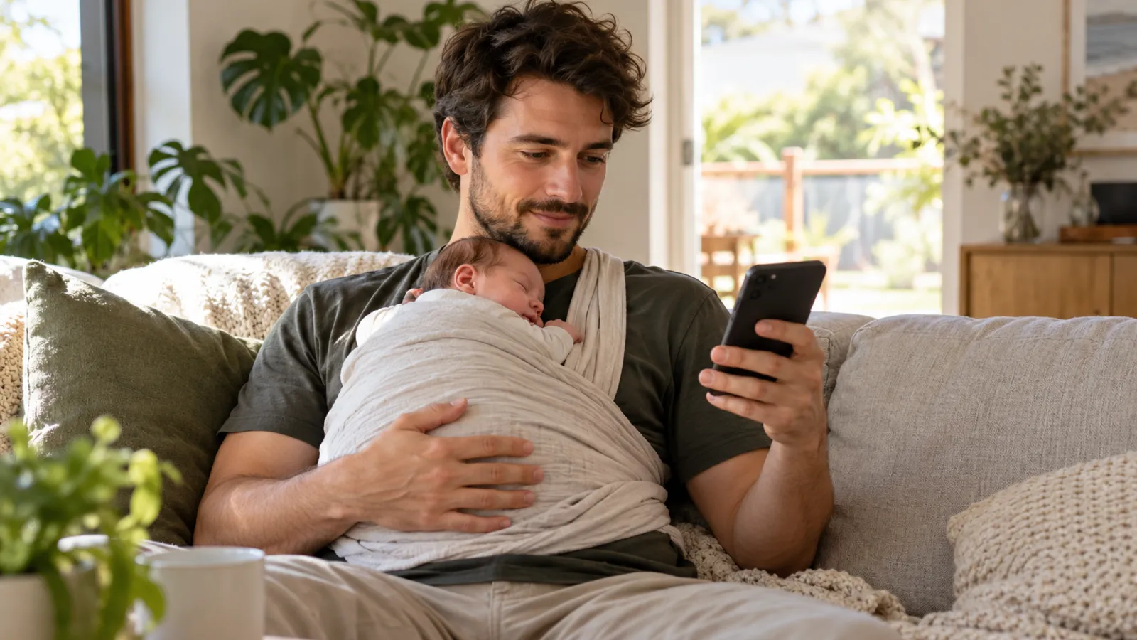 A young father sits on a couch in soft morning light, his sleeping newborn on his chest in a wrap, reading on his phone