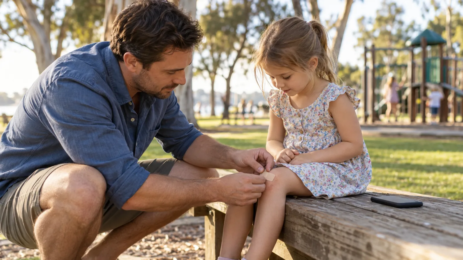 A father kneels in a park and puts a plaster on his young daughter's grazed knee, his phone on the bench beside them