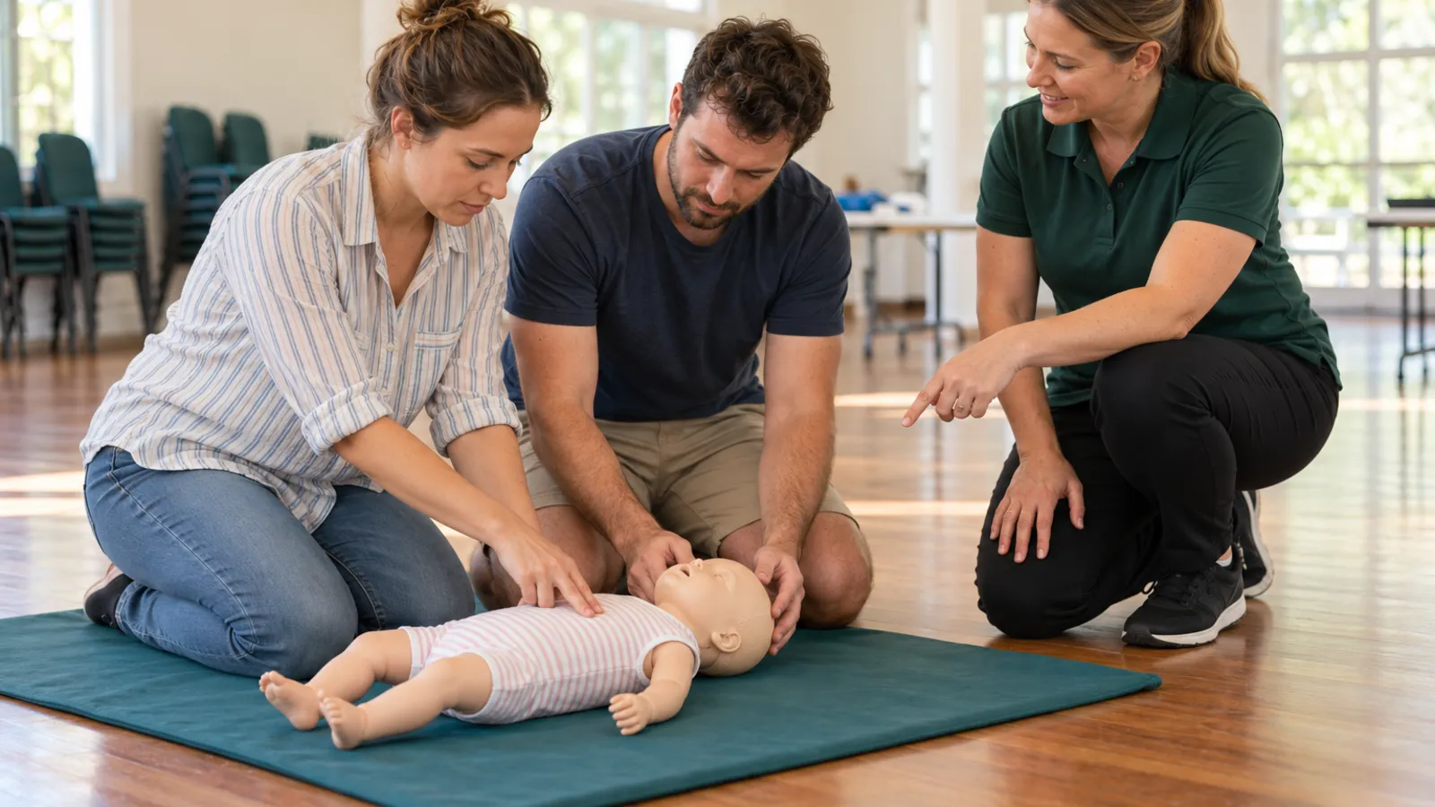 A mother and father kneel on a teal mat practising first aid on an infant training doll while a trainer in a green polo shirt points and smiles