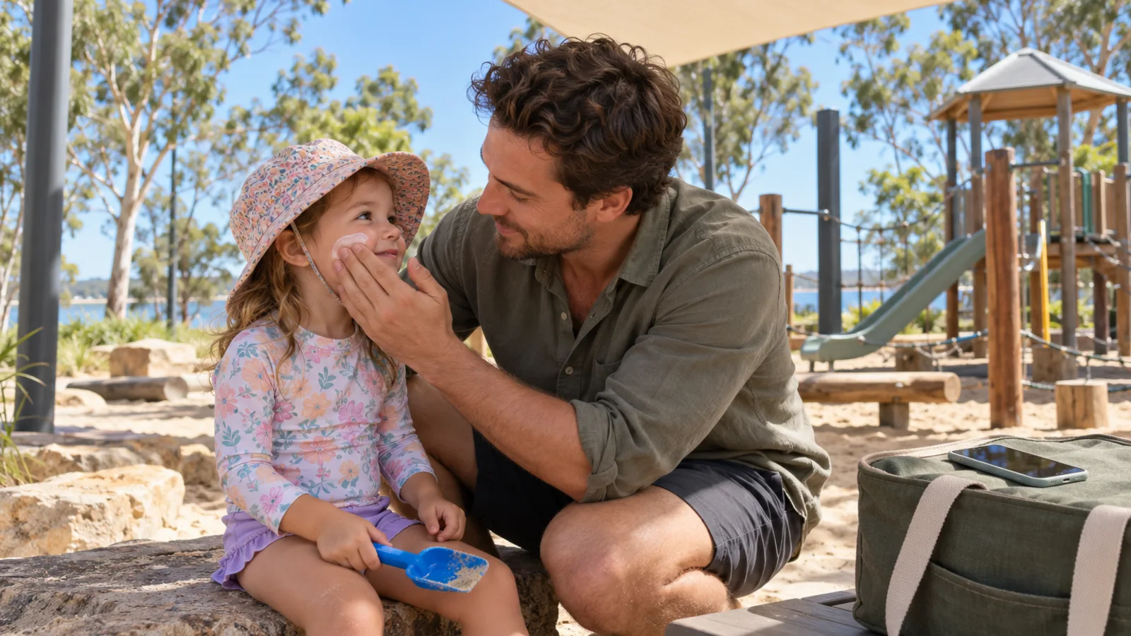 A father crouches under a shade sail at a park playground and rubs sunscreen onto his three-year-old daughter's cheek; she wears a bucket hat and a long-sleeved rash top and holds a sand spade