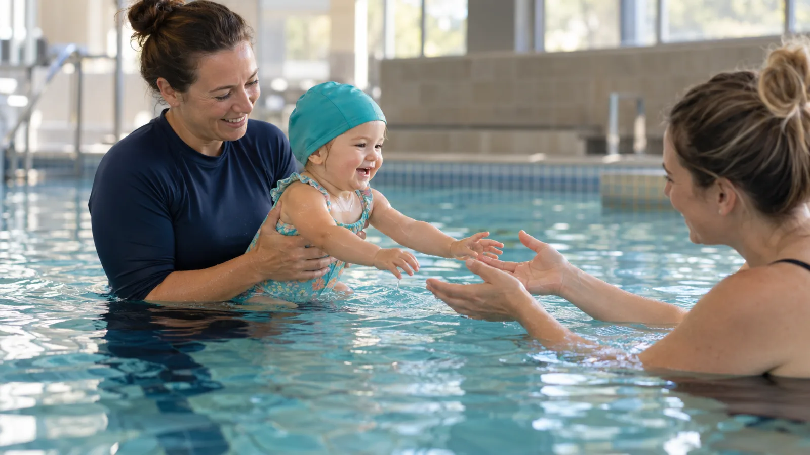 A swim teacher waist-deep in a warm indoor learner pool passes a smiling toddler in a teal swim cap to the child's mother in the water