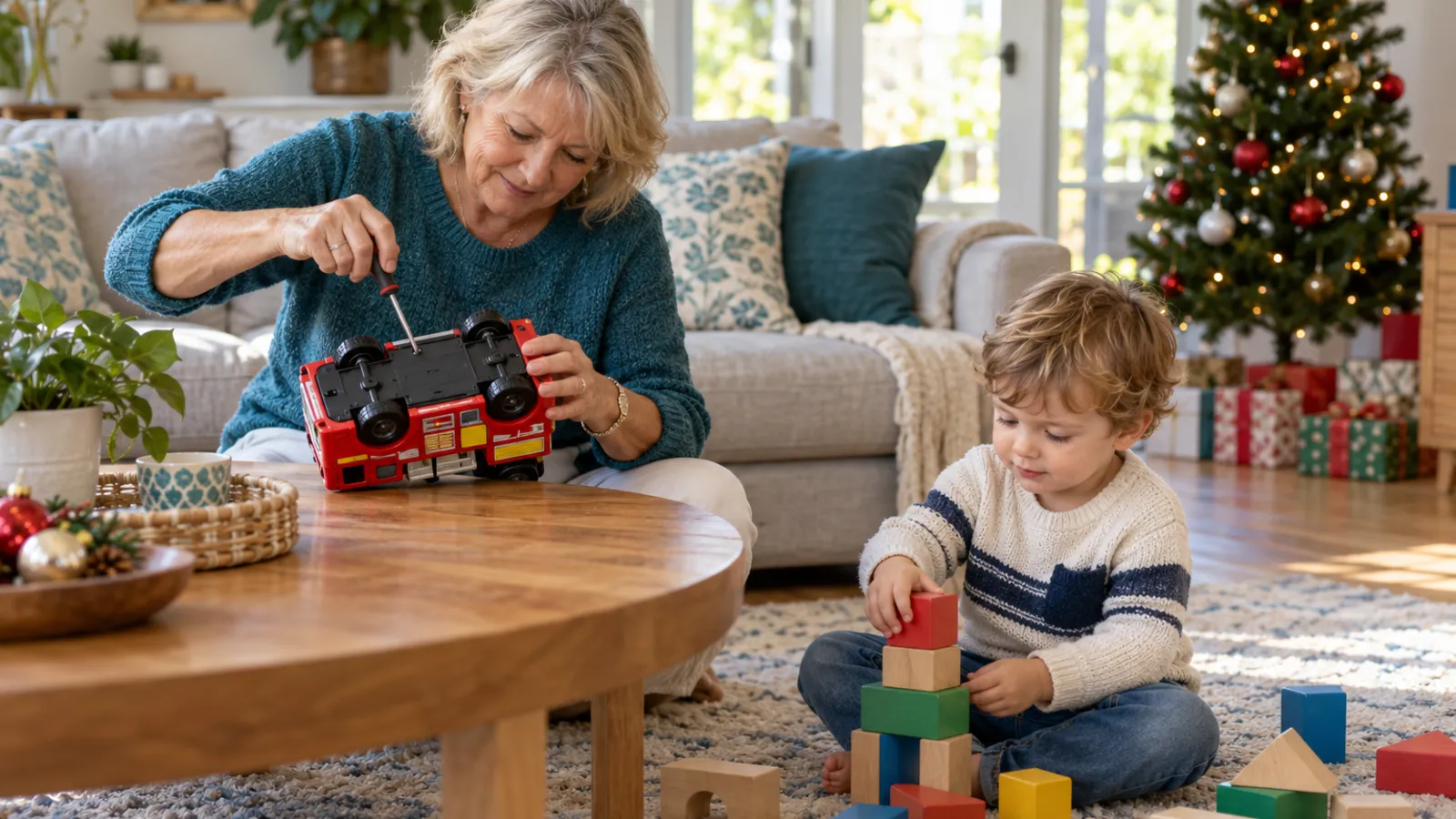 A grandmother at a low coffee table checks the screwed-shut battery cover on a toy fire truck while her toddler grandson plays with big wooden blocks on the rug, a small Christmas tree behind them
