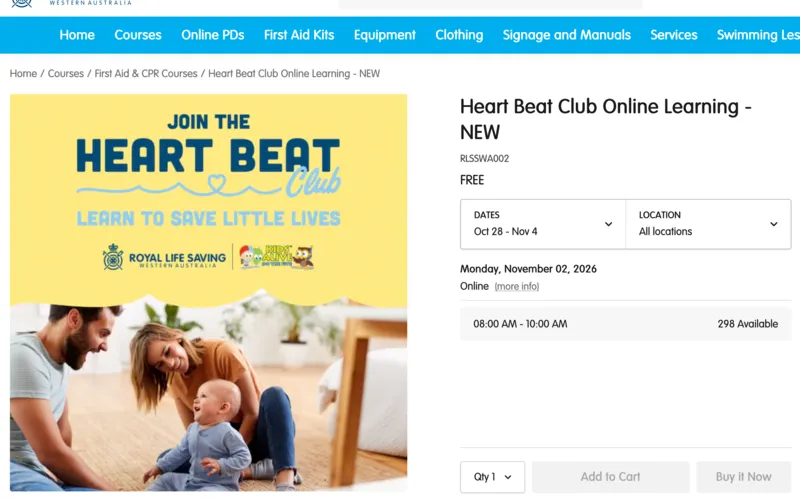 Royal Life Saving WA's Heart Beat Club Online Learning page, listed as free
