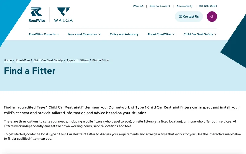 RoadWise's Find a Fitter page for Type 1 child car seat fitters in WA